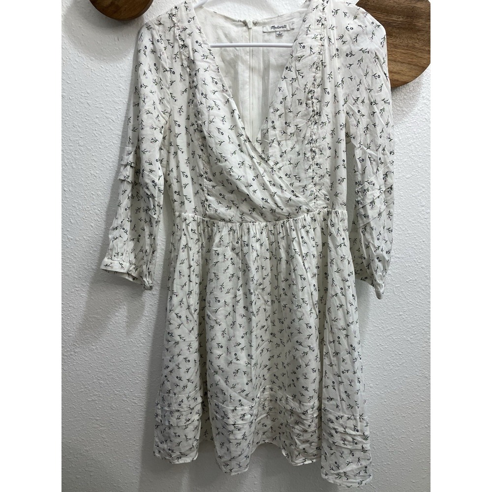 Madewell Floral V-Neck White‎ Women's Dress Puff Sleeve Boho Lined Size 0